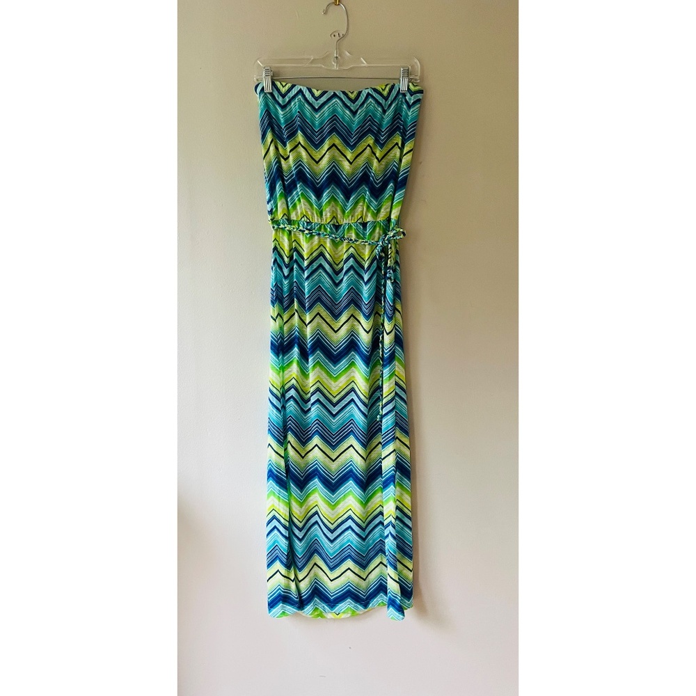 Lily Bleu Sz L Strapless Chevron Maxi Casual Dress Neon Striped Belted‎